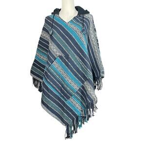 GYPSY ROSE Mexican Poncho Nepal Striped Texture Fringe Hippie Hood Pocket OS